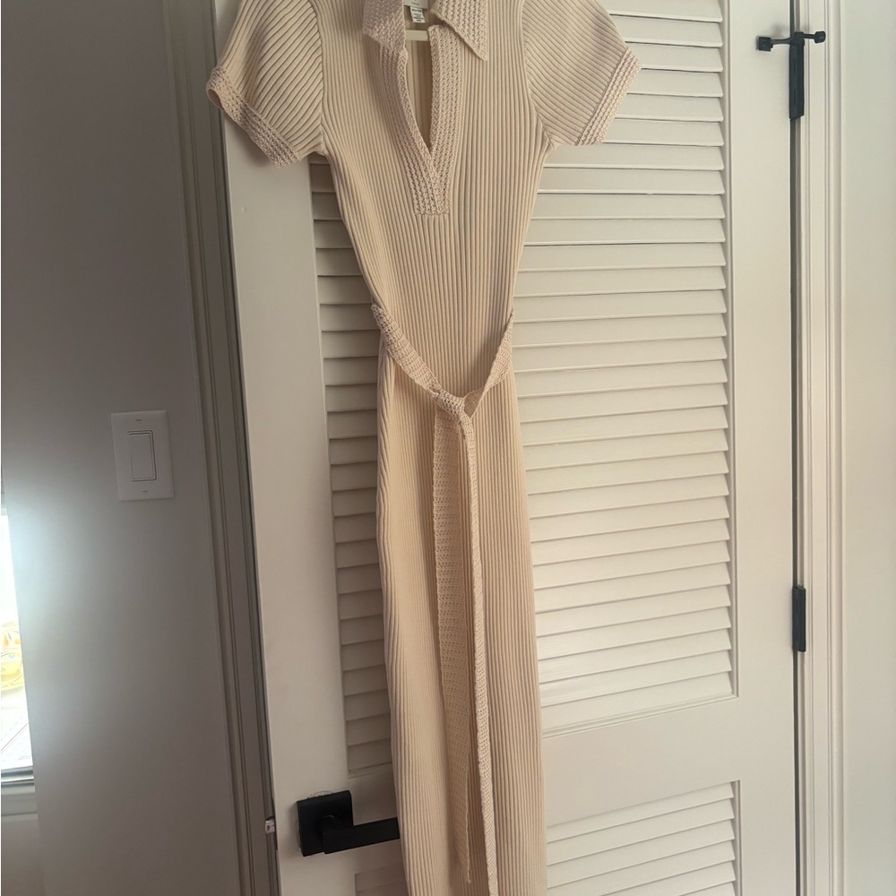 Ribbed Knit Polo Maxi Dress - Cream
